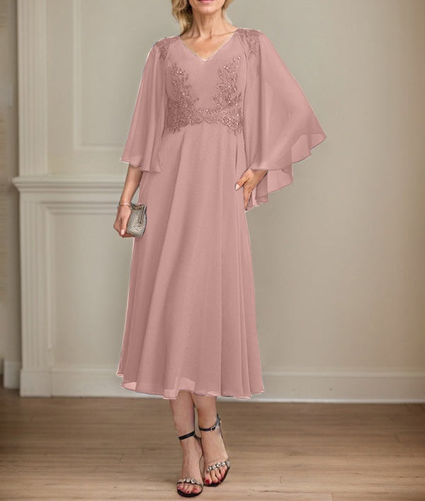 A-line V-Neck Tea-Length Chiffon Lace Mother of the Bride Dress With Beading Sequins