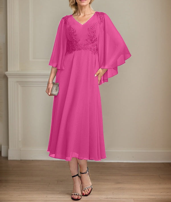 A-line V-Neck Tea-Length Chiffon Lace Mother of the Bride Dress With Beading Sequins