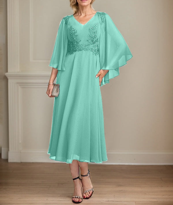 A-line V-Neck Tea-Length Chiffon Lace Mother of the Bride Dress With Beading Sequins