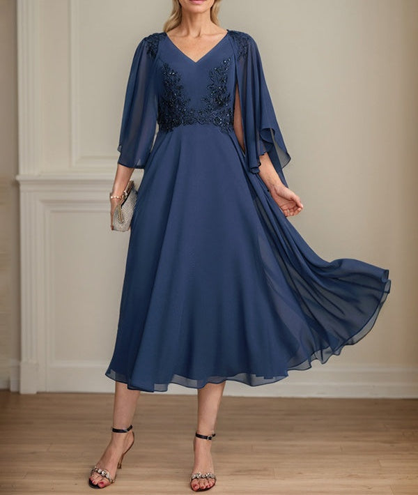 A-line V-Neck Tea-Length Chiffon Lace Mother of the Bride Dress With Beading Sequins