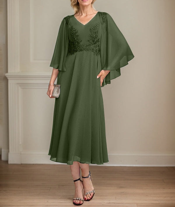 A-line V-Neck Tea-Length Chiffon Lace Mother of the Bride Dress With Beading Sequins