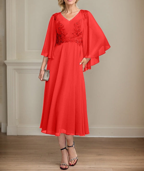 A-line V-Neck Tea-Length Chiffon Lace Mother of the Bride Dress With Beading Sequins