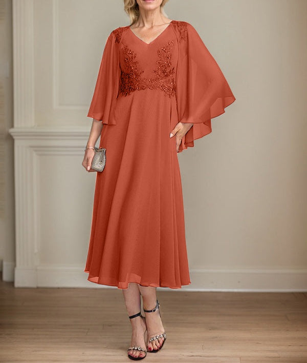 A-line V-Neck Tea-Length Chiffon Lace Mother of the Bride Dress With Beading Sequins