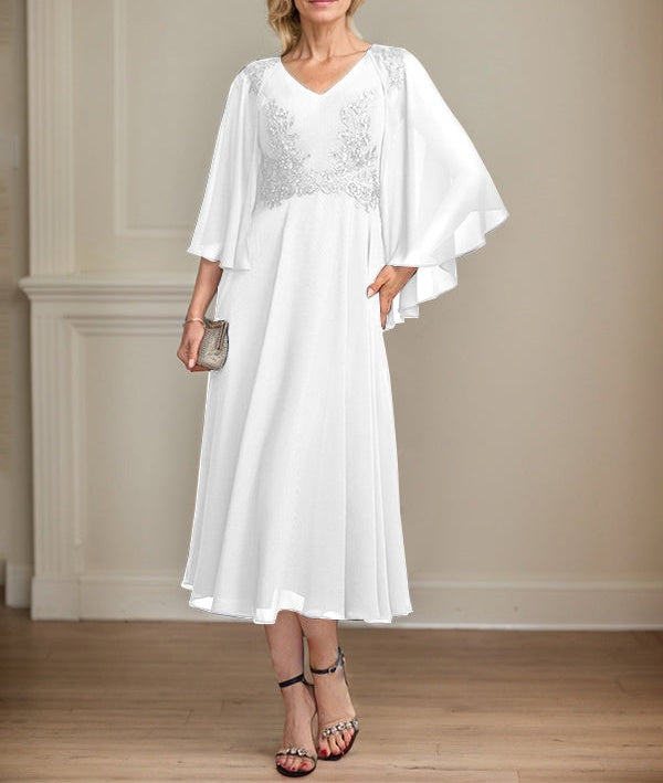 A-line V-Neck Tea-Length Chiffon Lace Mother of the Bride Dress With Beading Sequins