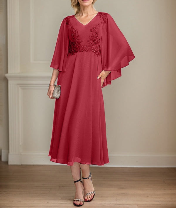 A-line V-Neck Tea-Length Chiffon Lace Mother of the Bride Dress With Beading Sequins