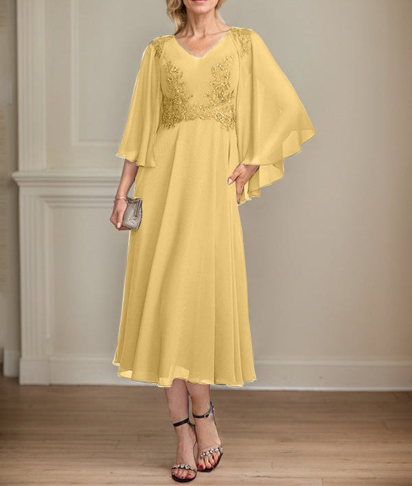A-line V-Neck Tea-Length Chiffon Lace Mother of the Bride Dress With Beading Sequins