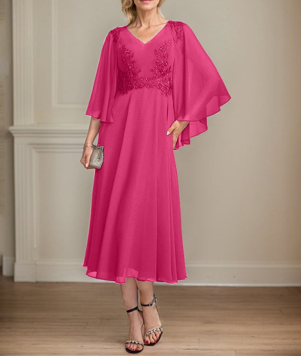 A-line V-Neck Tea-Length Chiffon Lace Mother of the Bride Dress With Beading Sequins