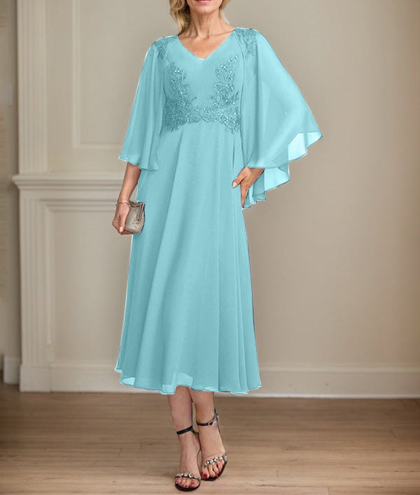 A-line V-Neck Tea-Length Chiffon Lace Mother of the Bride Dress With Beading Sequins