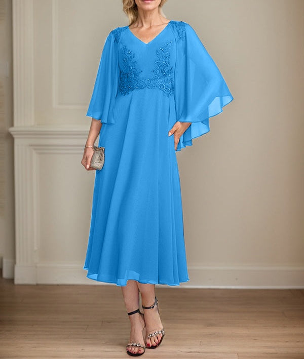 A-line V-Neck Tea-Length Chiffon Lace Mother of the Bride Dress With Beading Sequins