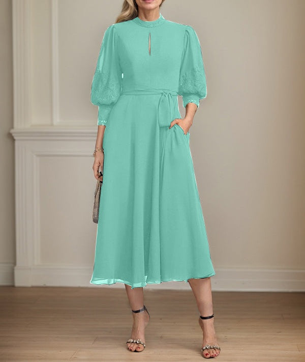 A-line High Neck Tea-Length Lace Chiffon Mother of the Bride Dress With Bow