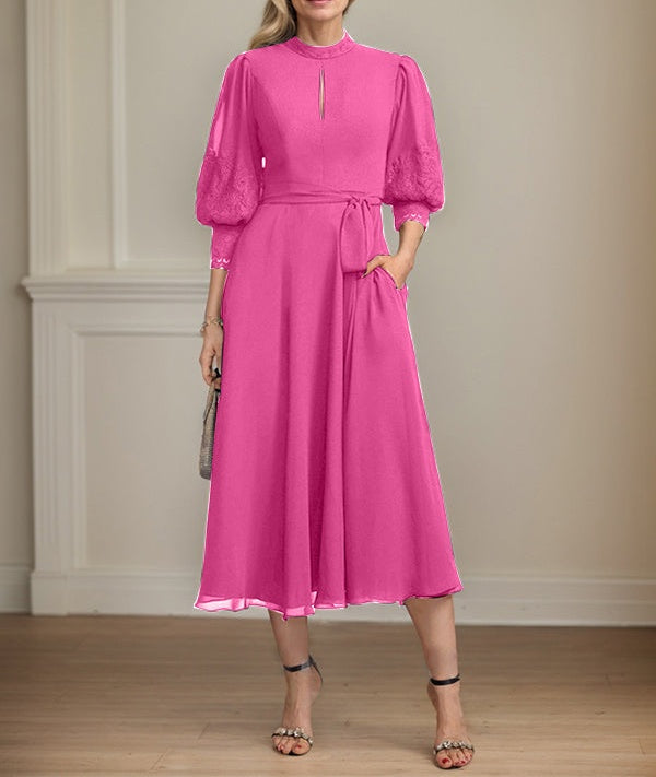 A-line High Neck Tea-Length Lace Chiffon Mother of the Bride Dress With Bow