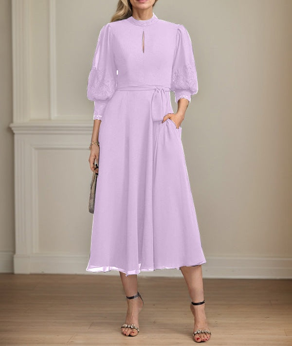 A-line High Neck Tea-Length Lace Chiffon Mother of the Bride Dress With Bow