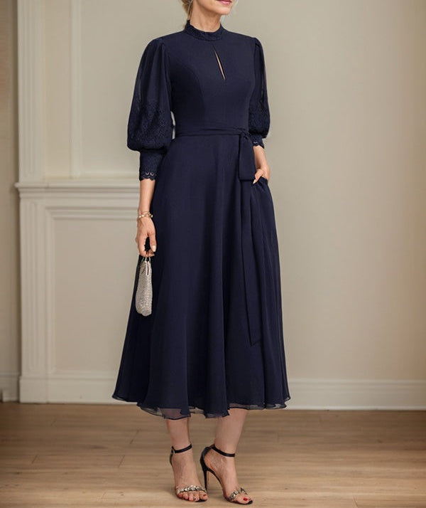 A-line High Neck Tea-Length Lace Chiffon Mother of the Bride Dress With Bow