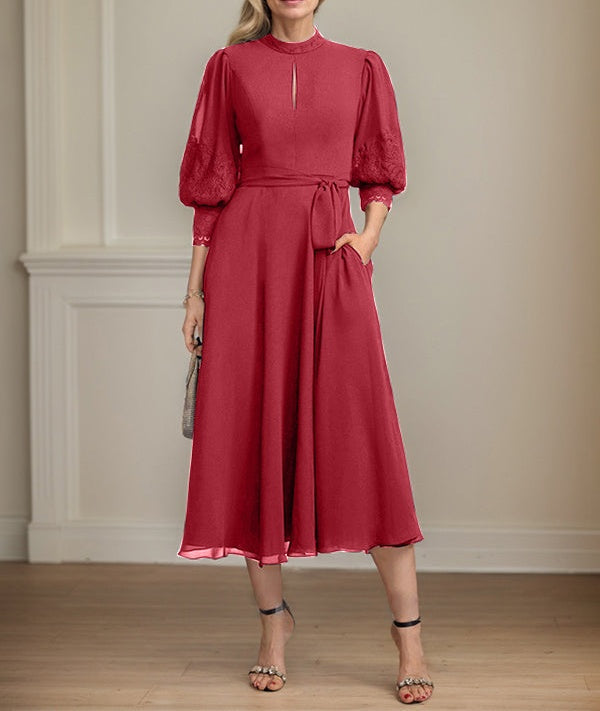 A-line High Neck Tea-Length Lace Chiffon Mother of the Bride Dress With Bow