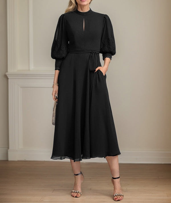 A-line High Neck Tea-Length Lace Chiffon Mother of the Bride Dress With Bow