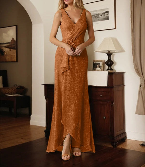 A-Line V-Neck Ruched Metallic Mesh Dress
