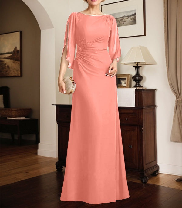 Sheath/Column Scoop Floor-Length Chiffon Mother of the Bride Dress With Pleated Beading