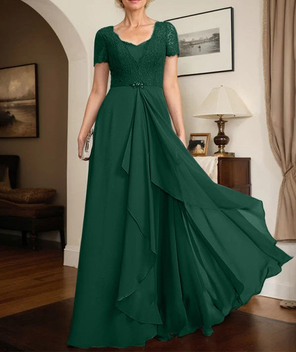 A-line Sweetheart Floor-Length Chiffon Lace Mother of the Bride Dress With Beading Cascading Ruffles