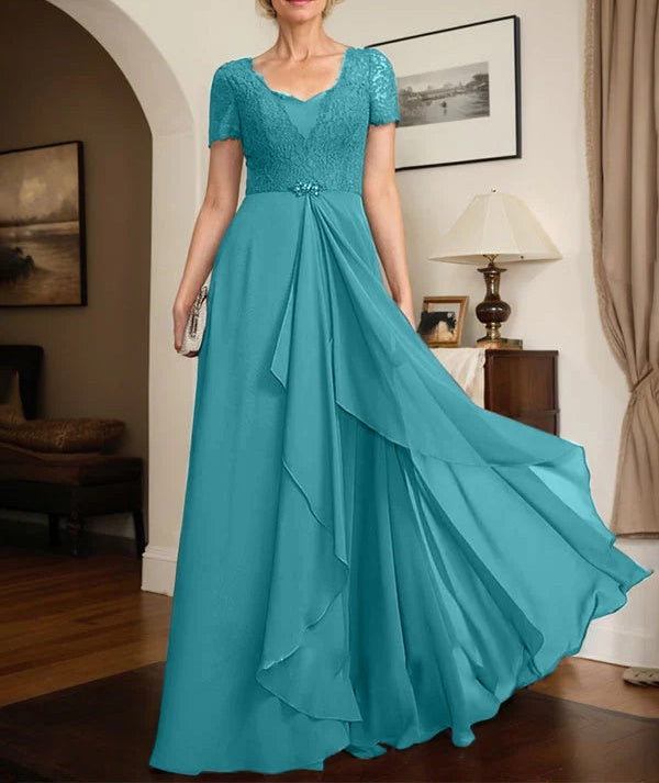 A-line Sweetheart Floor-Length Chiffon Lace Mother of the Bride Dress With Beading Cascading Ruffles