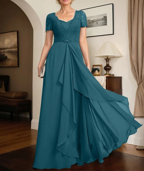 A-line Sweetheart Floor-Length Chiffon Lace Mother of the Bride Dress With Beading Cascading Ruffles