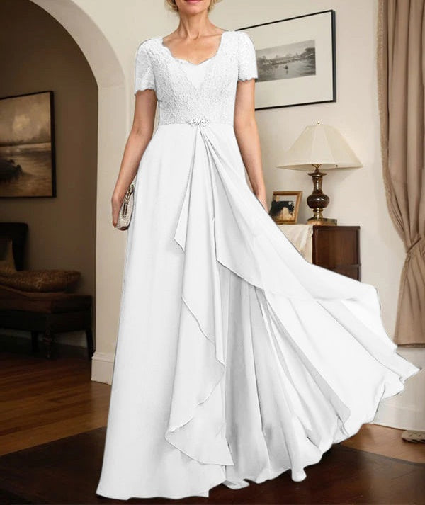 A-line Sweetheart Floor-Length Chiffon Lace Mother of the Bride Dress With Beading Cascading Ruffles