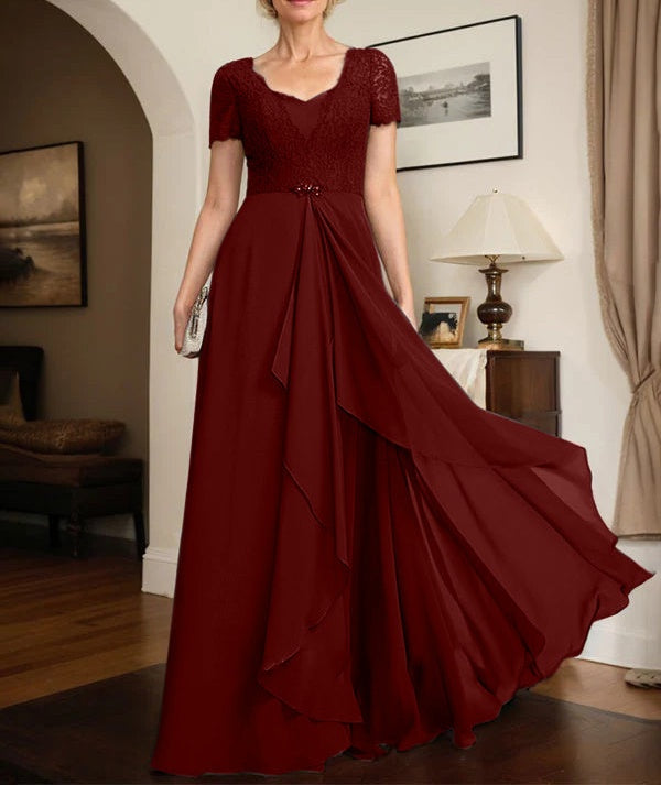 A-line Sweetheart Floor-Length Chiffon Lace Mother of the Bride Dress With Beading Cascading Ruffles