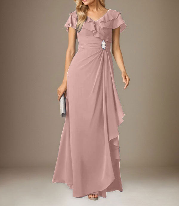 Stormy A-Line V-Neck Ruched Chiffon Dress