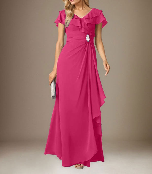 Stormy A-Line V-Neck Ruched Chiffon Dress