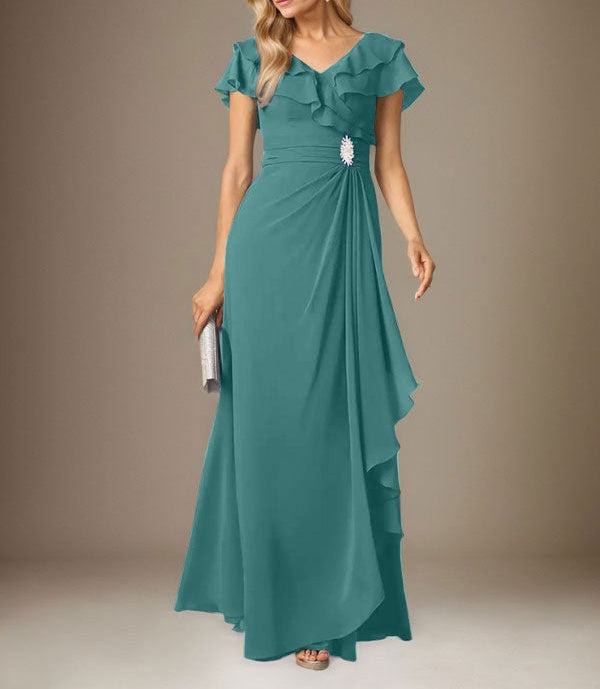 Stormy A-Line V-Neck Ruched Chiffon Dress