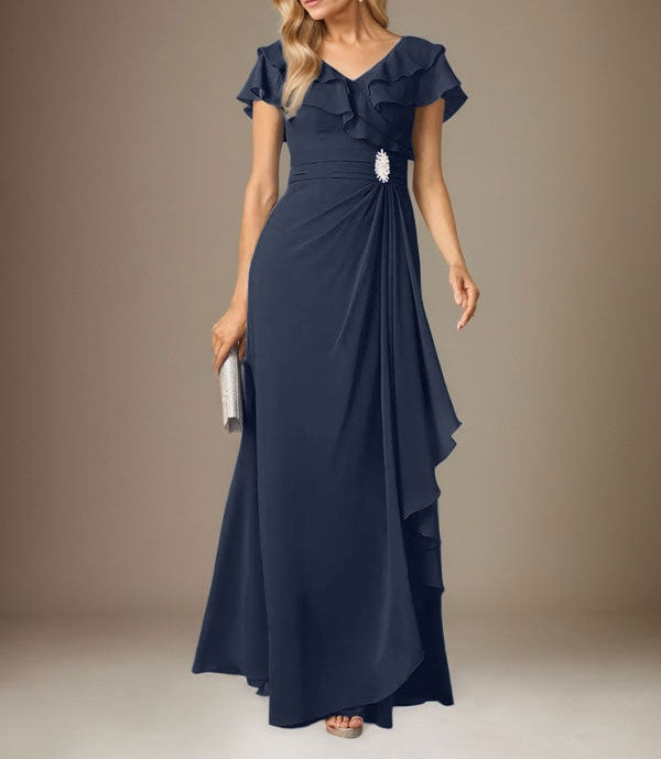 Stormy A-Line V-Neck Ruched Chiffon Dress