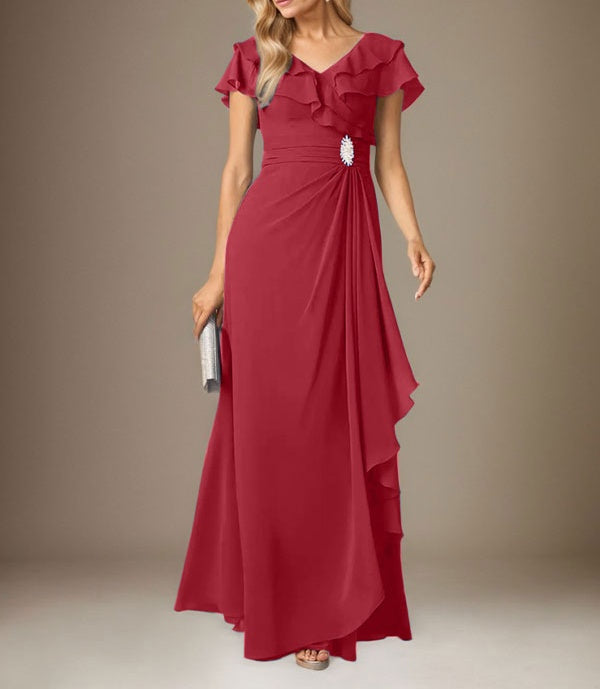 Stormy A-Line V-Neck Ruched Chiffon Dress