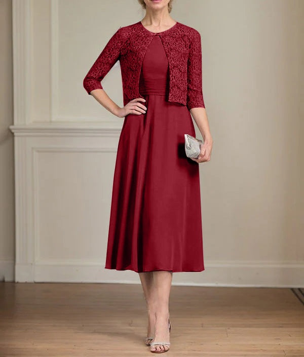 A-line Scoop Tea-Length Chiffon Mother of the Bride Dress With Pleated