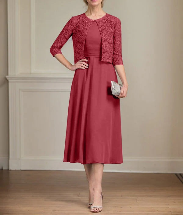 A-line Scoop Tea-Length Chiffon Mother of the Bride Dress With Pleated