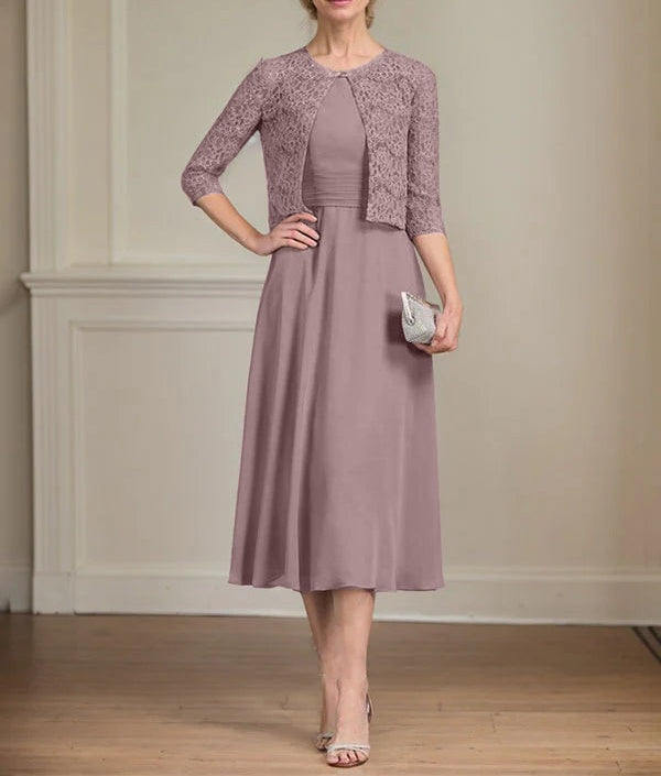 A-line Scoop Tea-Length Chiffon Mother of the Bride Dress With Pleated