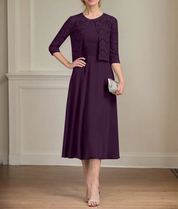A-line Scoop Tea-Length Chiffon Mother of the Bride Dress With Pleated