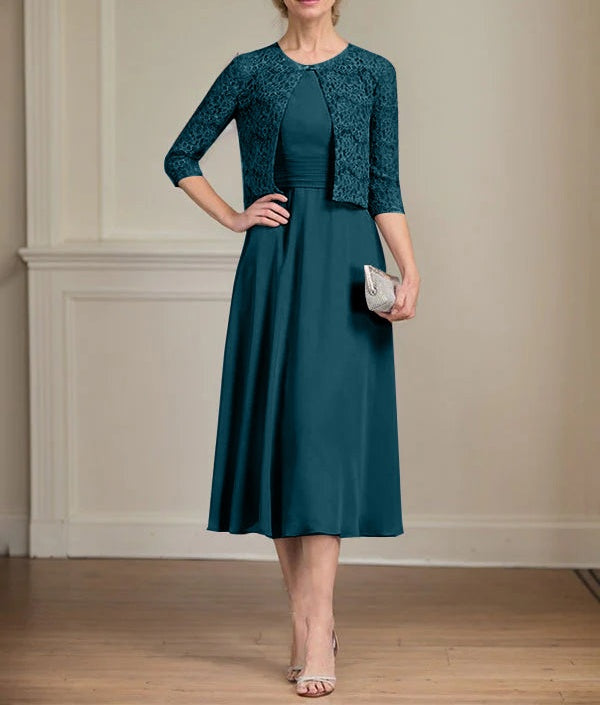 A-line Scoop Tea-Length Chiffon Mother of the Bride Dress With Pleated