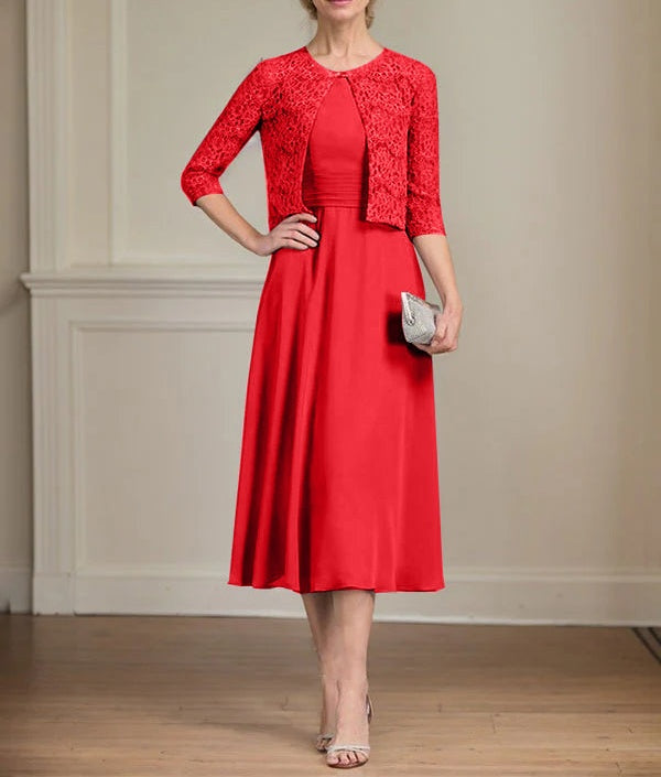 A-line Scoop Tea-Length Chiffon Mother of the Bride Dress With Pleated