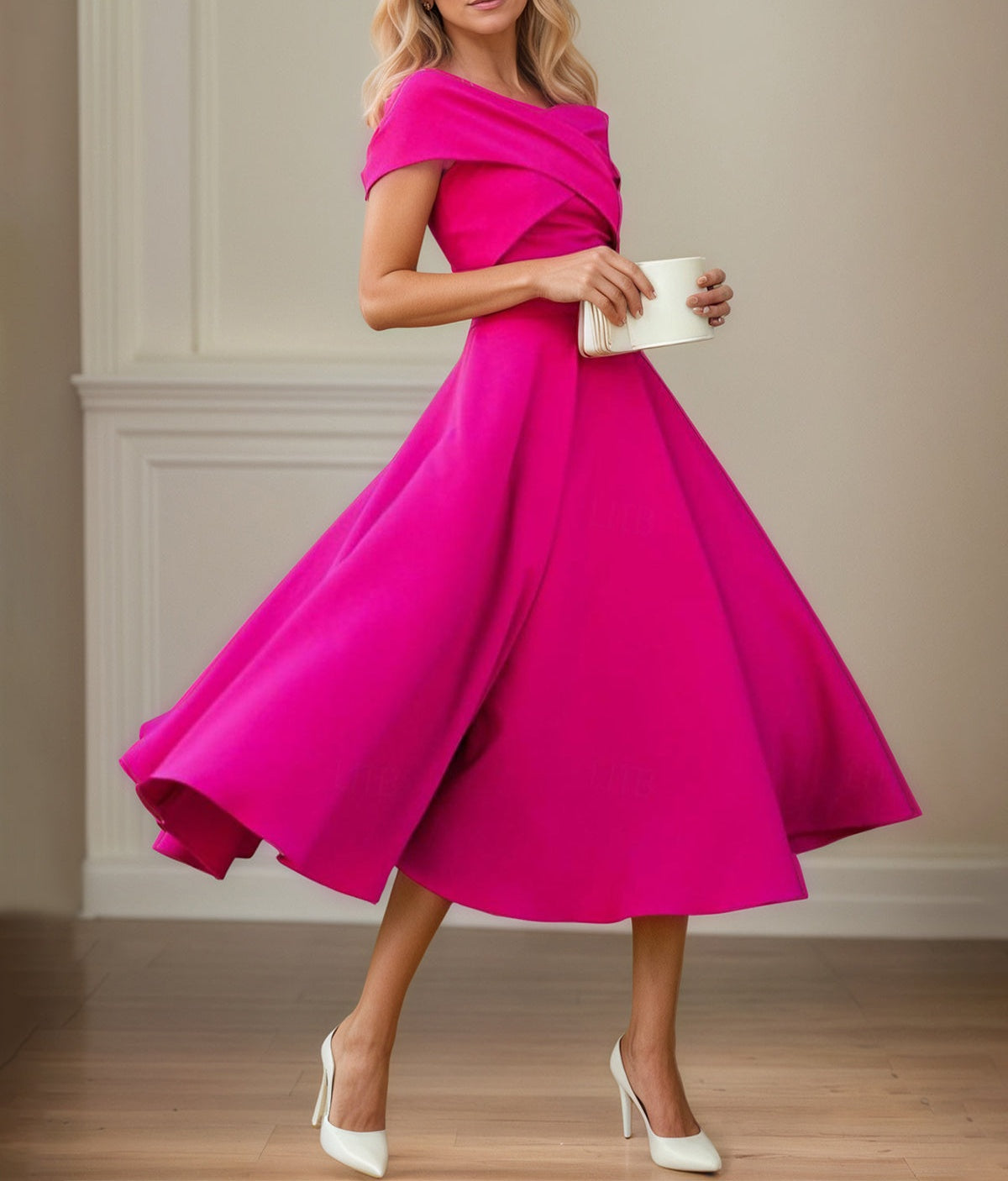 fuchsia short bridesmaid dresses Stretch Crepe A Line Off The Shoulder Sleeves Tea Length Mother of The Bride The delicate beaded detailing