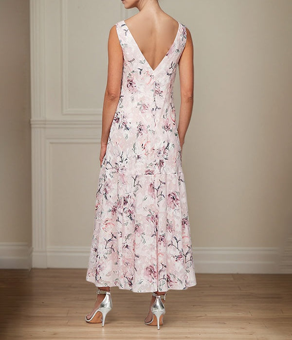 A-Line V-Neck V-Back Tea-Length Chiffon Mother of the Bride Dress