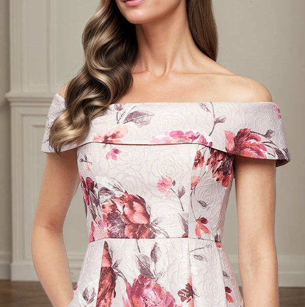 A-Line Off the Shoulder Satin Floral Mother of the Bride Dress With Pockets