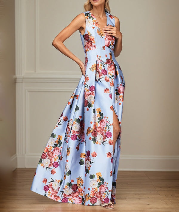 A-Line V-Neck Peonies Floral Mother of the Bride Dress With Slit