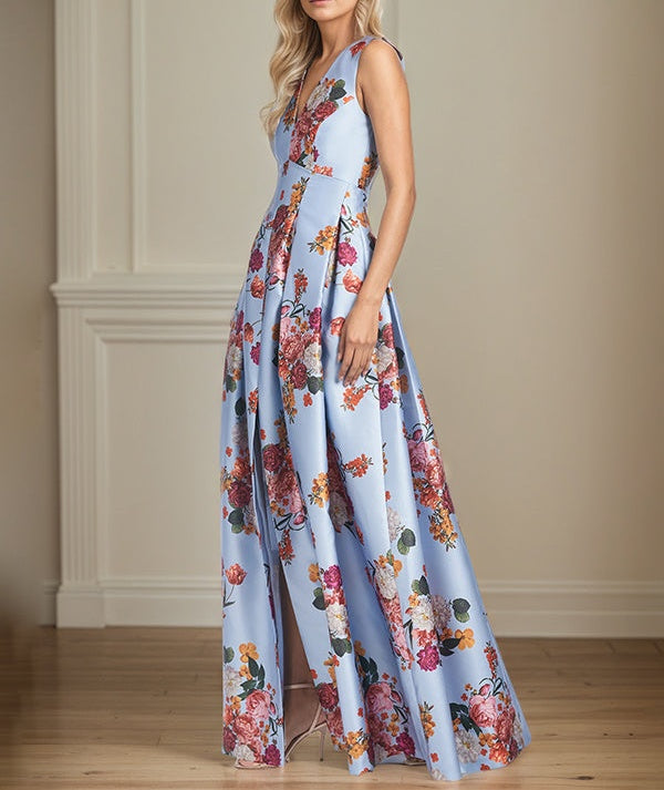 A-Line V-Neck Peonies Floral Mother of the Bride Dress With Slit