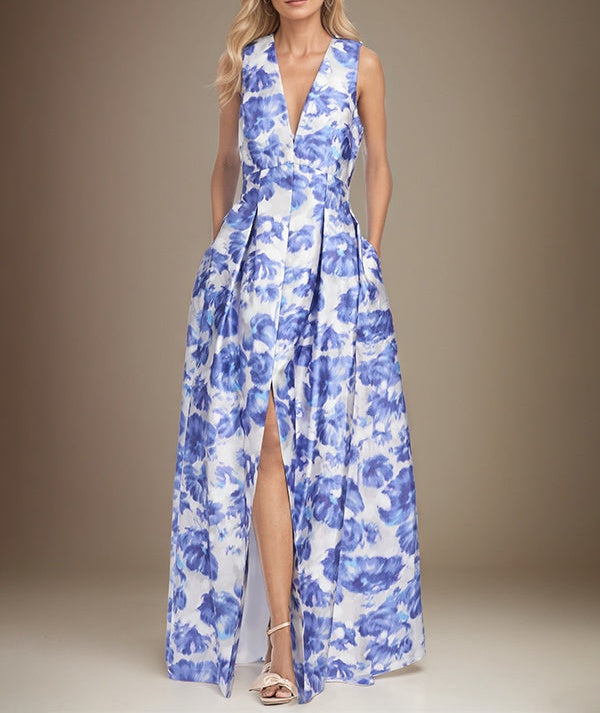 A-line V-Neck Azure Floral Mother of the Bride Dress