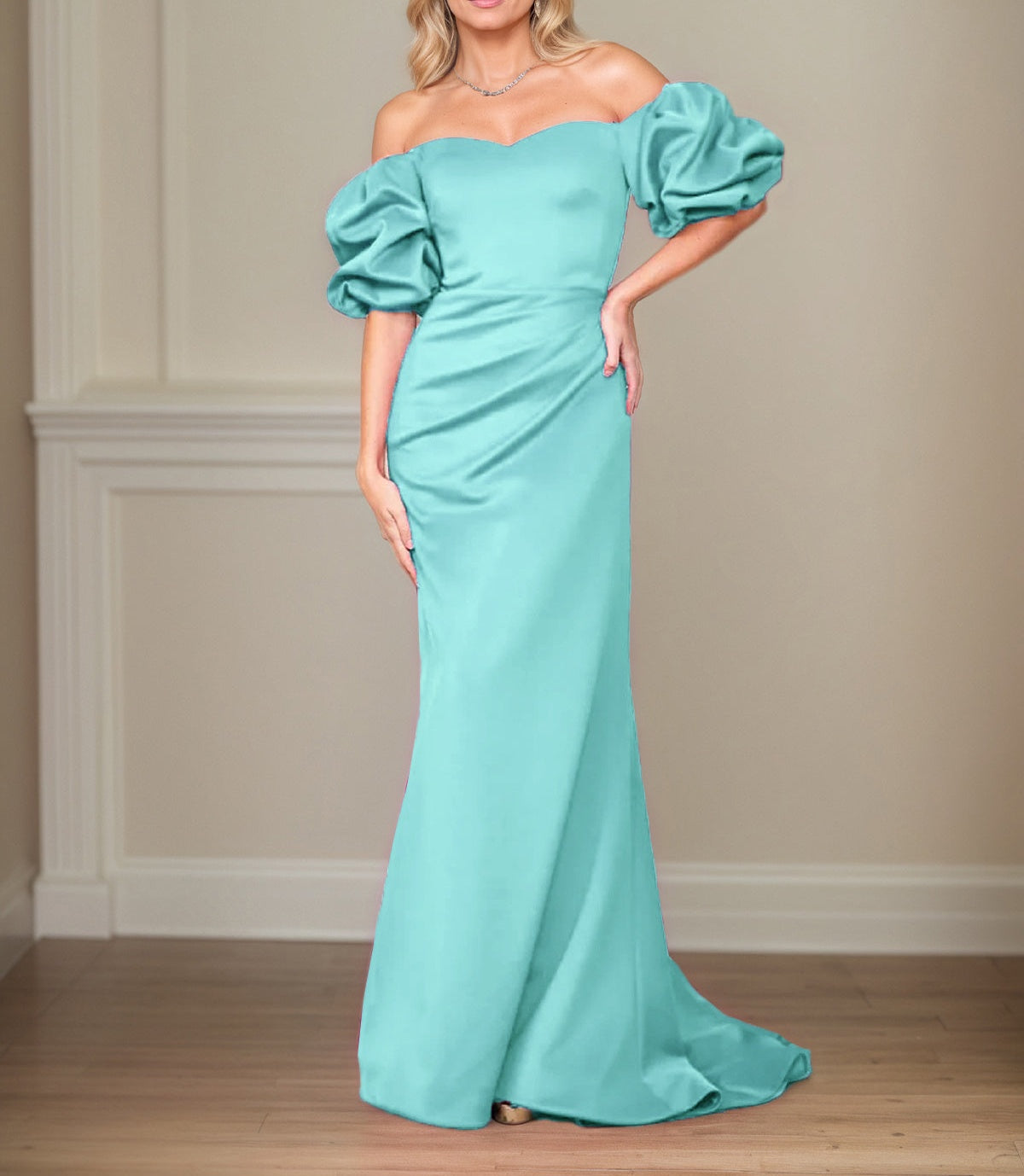 Satin Sheath/Column Off The Shoulder Puff Sleeves Floor Length Mother of the Bride Dresses