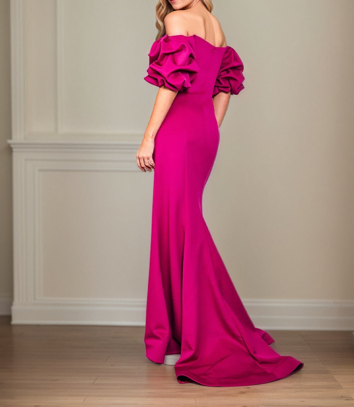 Satin Sheath/Column Off The Shoulder Puff Sleeves Floor Length Mother of the Bride Dresses