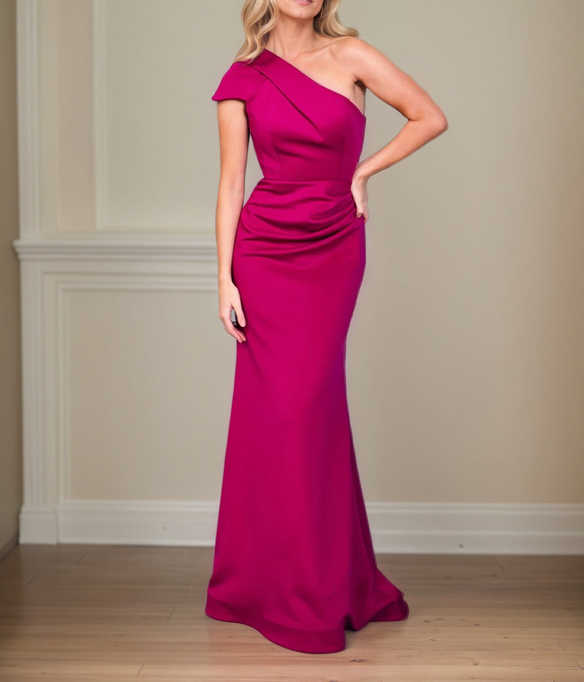 Satin Sheath/Column One Shoulder Short Sleeves Floor Length Mother of the Bride Dresses