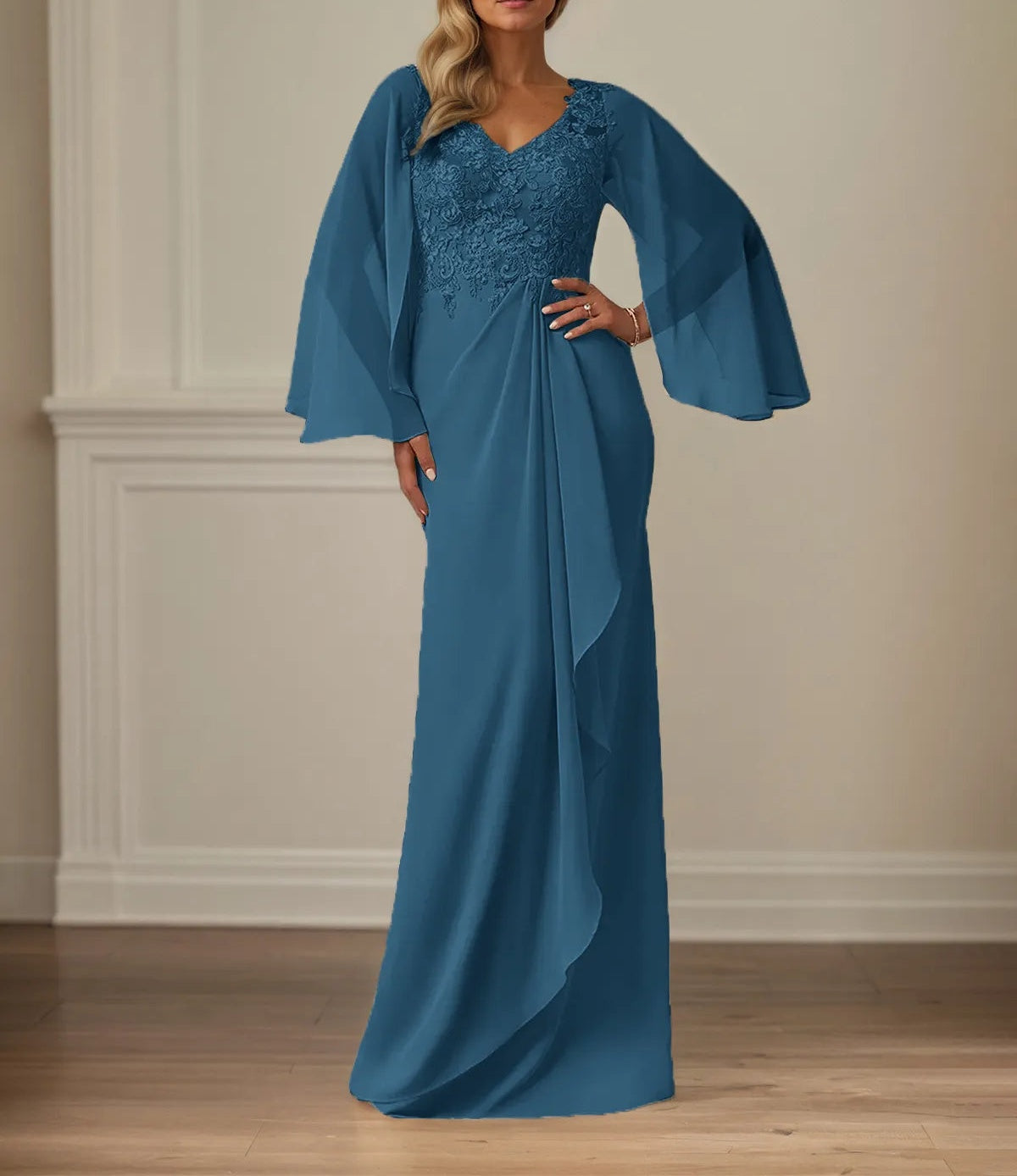 Sheath/Column Chiffon V Neck Long Sleeves Floor Length Mother of the Bride Dresses With Appliques