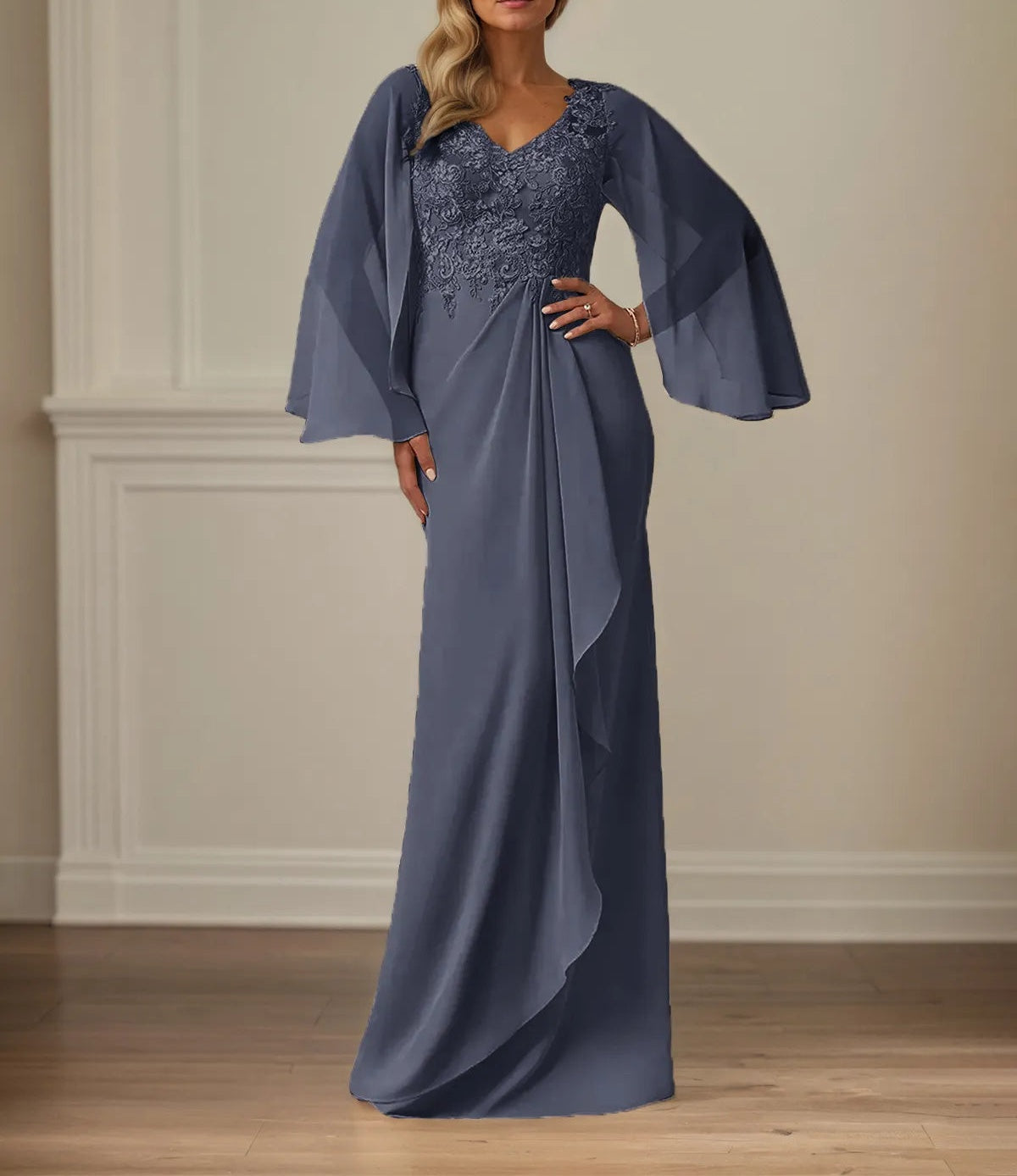 Sheath/Column Chiffon V Neck Long Sleeves Floor Length Mother of the Bride Dresses With Appliques