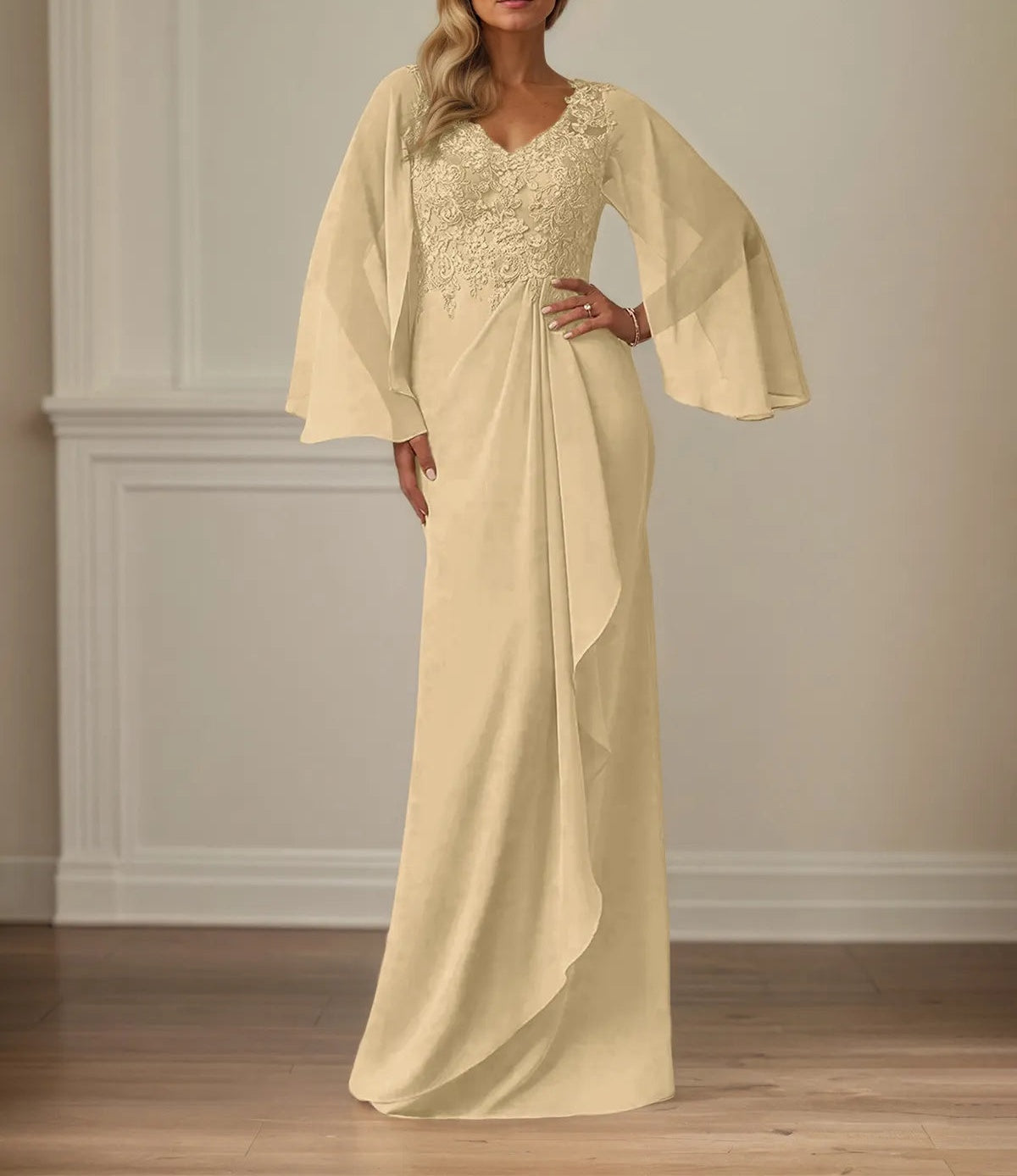 Sheath/Column Chiffon V Neck Long Sleeves Floor Length Mother of the Bride Dresses With Appliques
