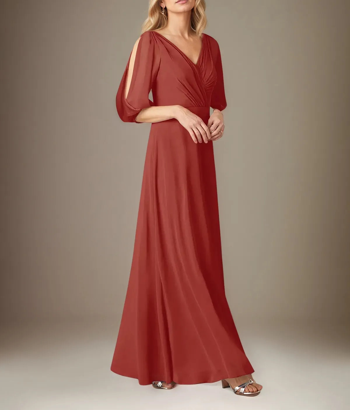 A Line Chiffon V Neck 1/2 Sleeves Floor Length Pleated Mother of the Bride Dresses